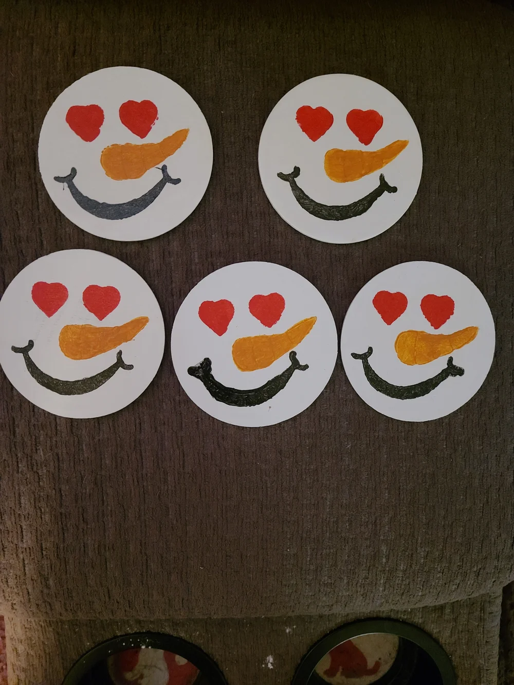 Handpainted Snowman Coaster Set - White with Black & Orange Accents